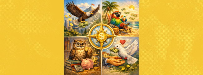 an eagle, parrot, dove and owl in 4 quadrants showing money with them