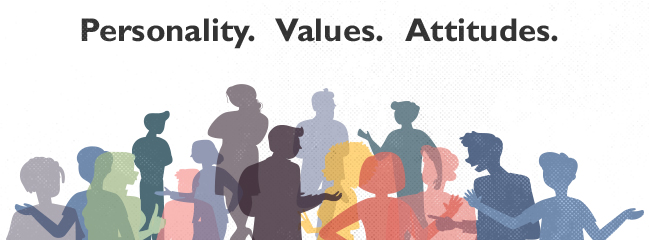 Silhouettes of people under the words Personality, Values, Attitudes