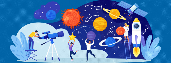 people and telescopes, planets and rockets