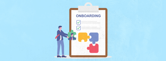 clipboard that says onboarding with a person holding puzzle pieces